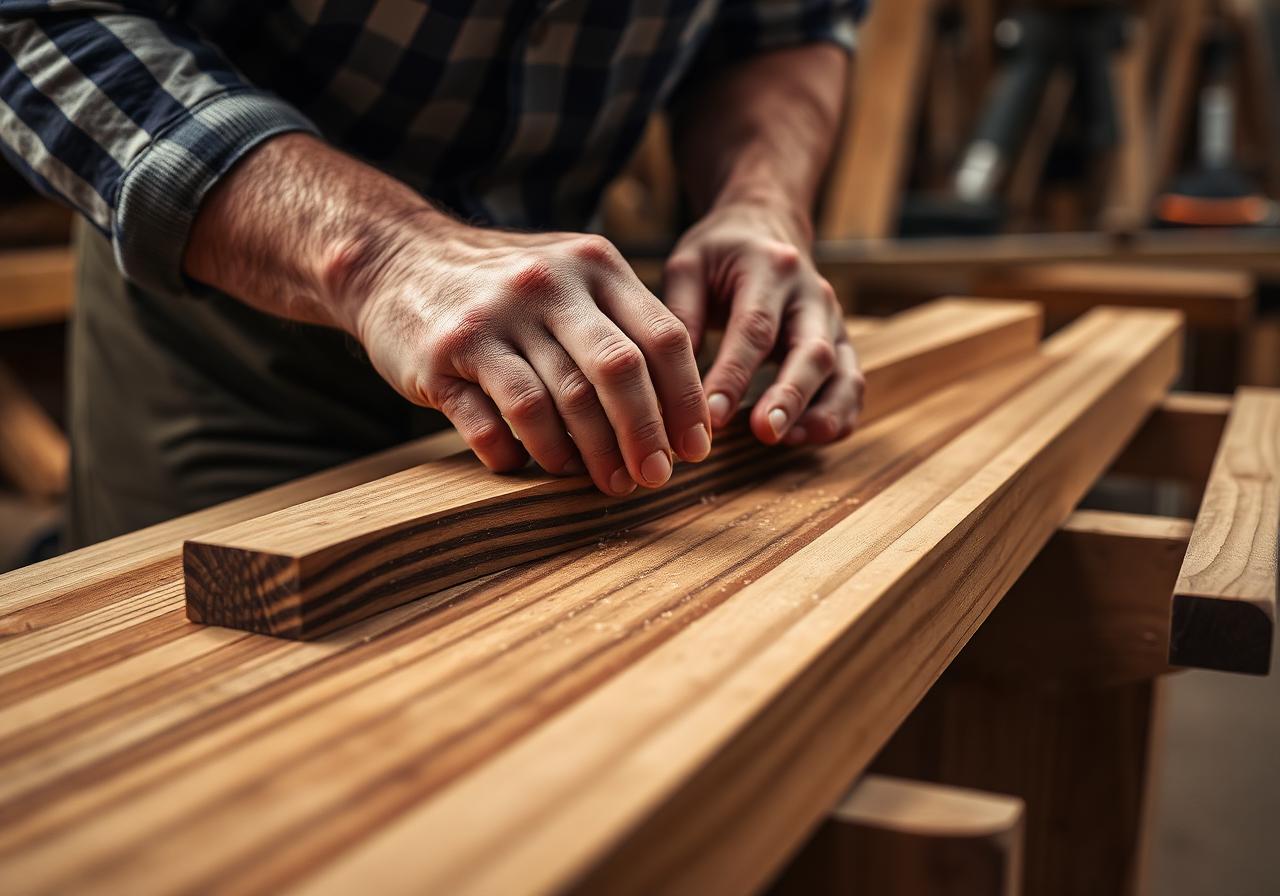 Hands shaping joinery on solid walnut at the D' Emporio workshop