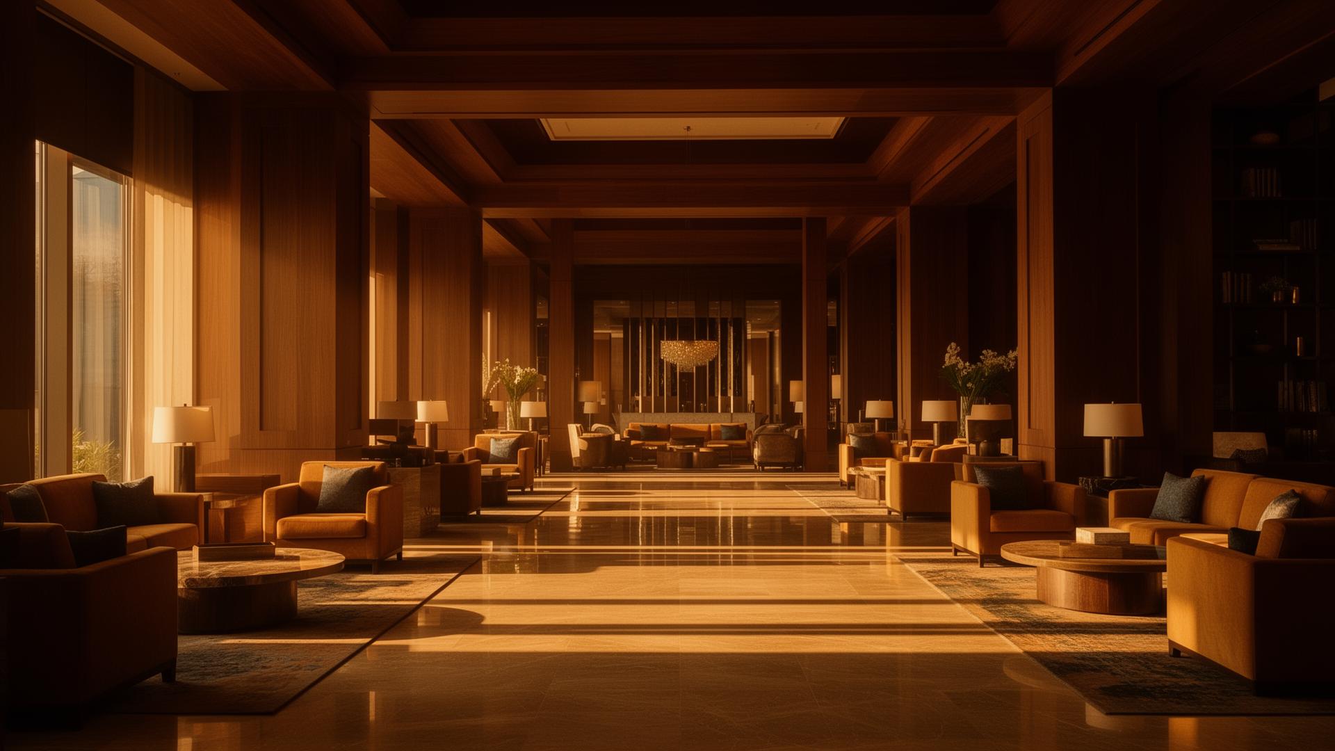 Warm walnut hotel lounge bathed in golden hour light